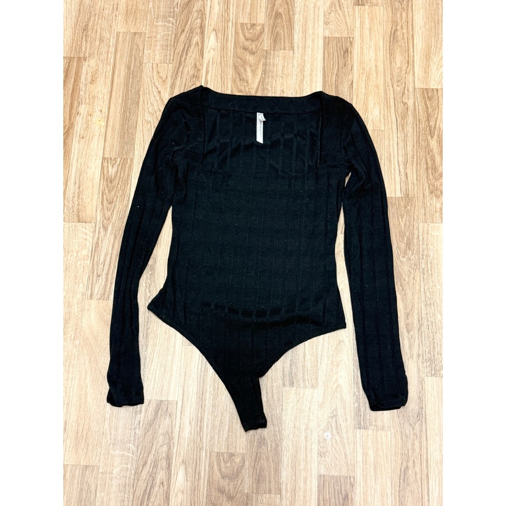 Free People Intimately Black Ribbed Square Neck Long Sleeve Bodysuit M